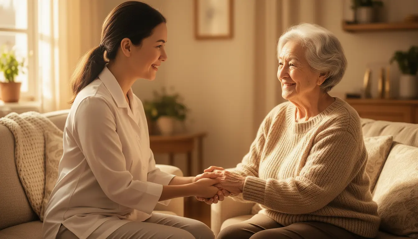 Caregiver warmly holding hands with an elderly woman in a sunlit living room